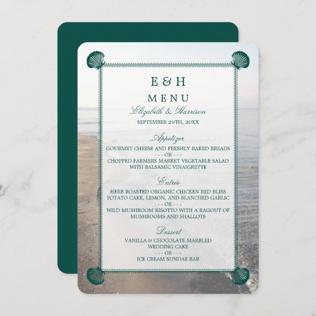 Elegant Monogram & Teal Scallop Beach Wedding Meny (Fram/baksida)