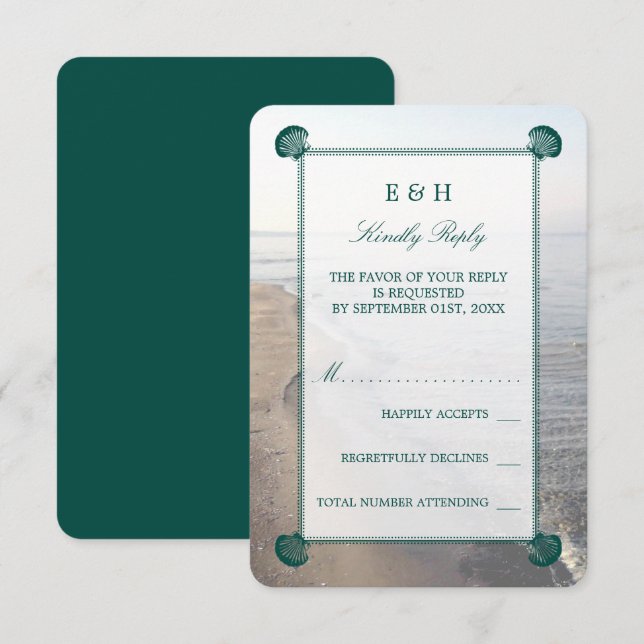 Elegant Monogram & Teal Scallop Beach Wedding OSA Kort (Fram/baksida)