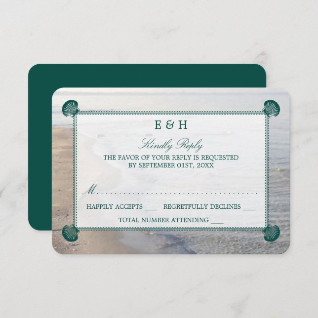 Elegant Monogram & Teal Scallop Beach Wedding OSA Kort (Fram/baksida)