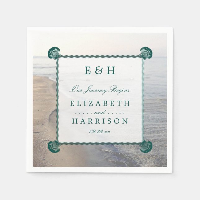 Elegant Monogram & Teal Scallop Beach Wedding Pappersservett (Framsidan)