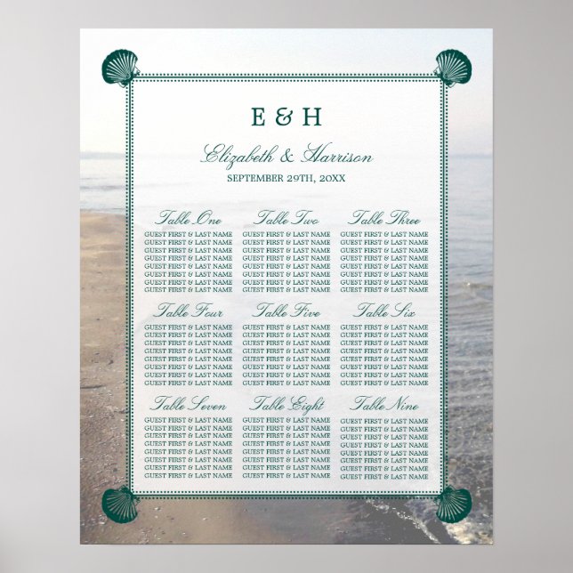 Elegant Monogram & Teal Scallop Beach Wedding Poster (Framsidan)