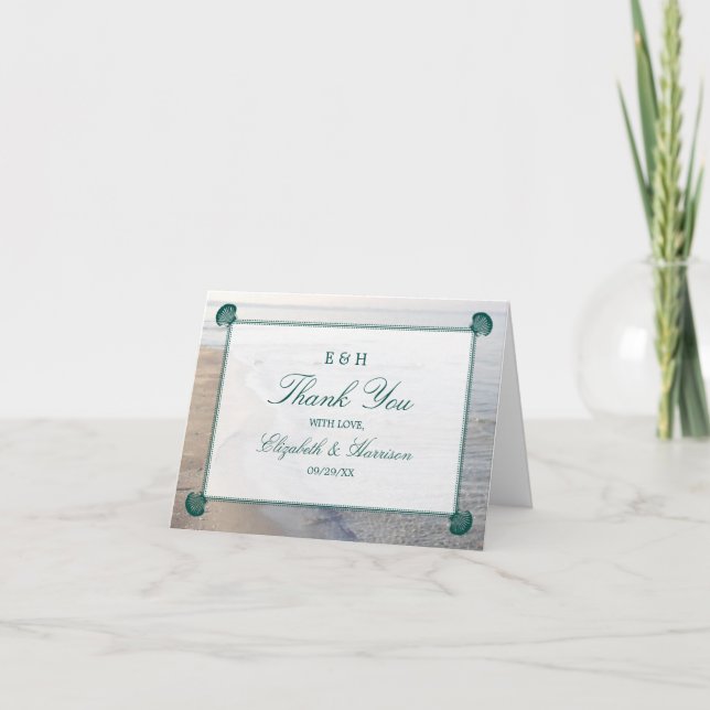 Elegant Monogram & Teal Scallop Beach Wedding Tack Kort (Framsida)