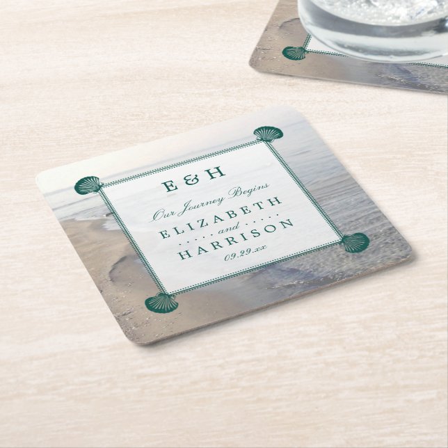 Elegant Monogram & Teal Scallop Beach Wedding Underlägg Papper Kvadrat (Vinklad)