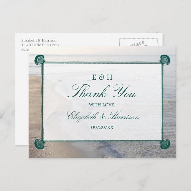 Elegant Monogram & Teal Scallop Beach Wedding Vykort (Fram/baksida)