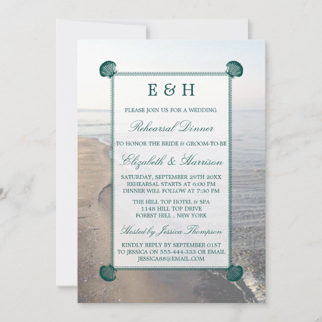 Elegant Monogram, Teal Scallop Rehearsal Middag Inbjudningar (Framsida)