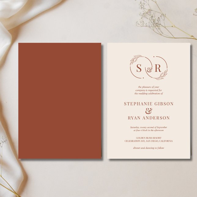 Elegant Monogram Terracotta Burnt Orange Bröllop Inbjudningar (Skapare uppladdad)