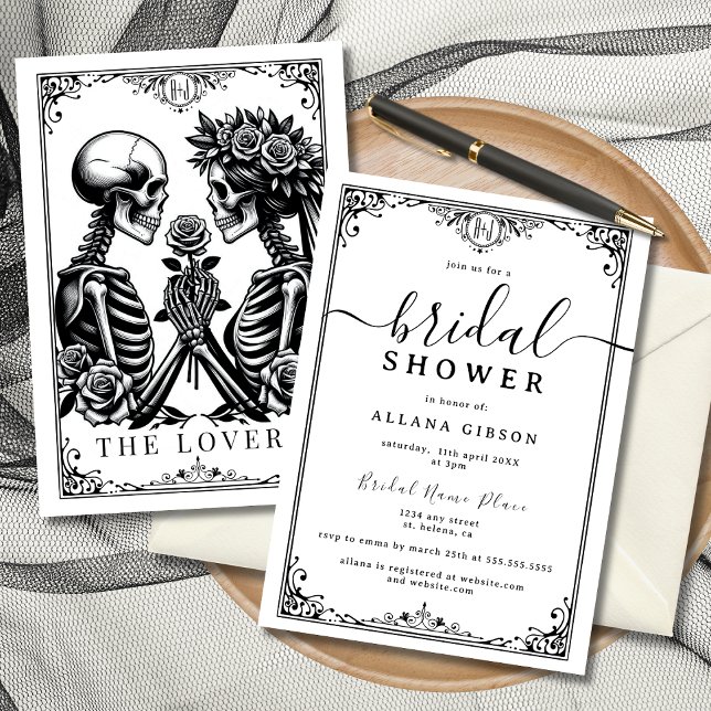 Elegant Monogram tills döden gör oss del av Tarot  Inbjudningar (Elegant tarot-inspired bridal shower invitations featuring skeleton lovers.)