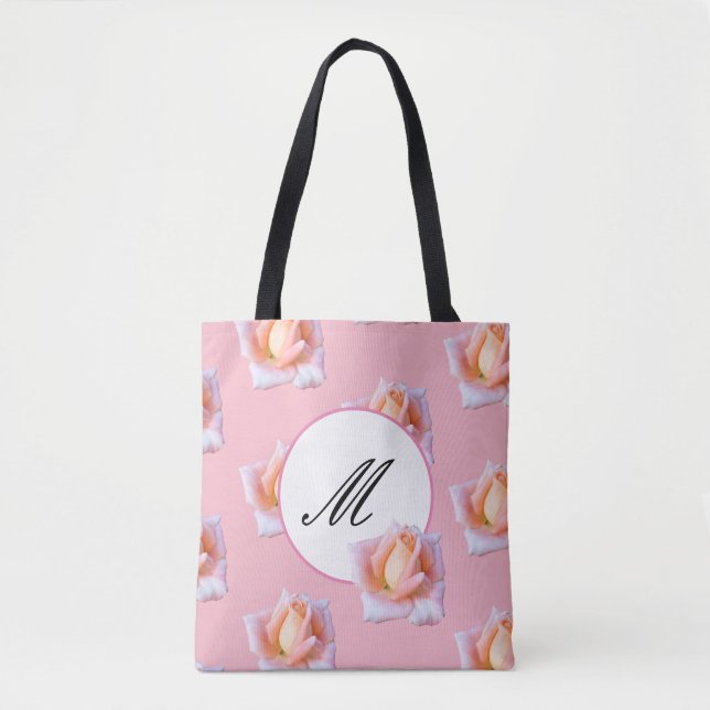 Elegant monogram Tote Rosa ros Flowers Tygkasse (Framsida)