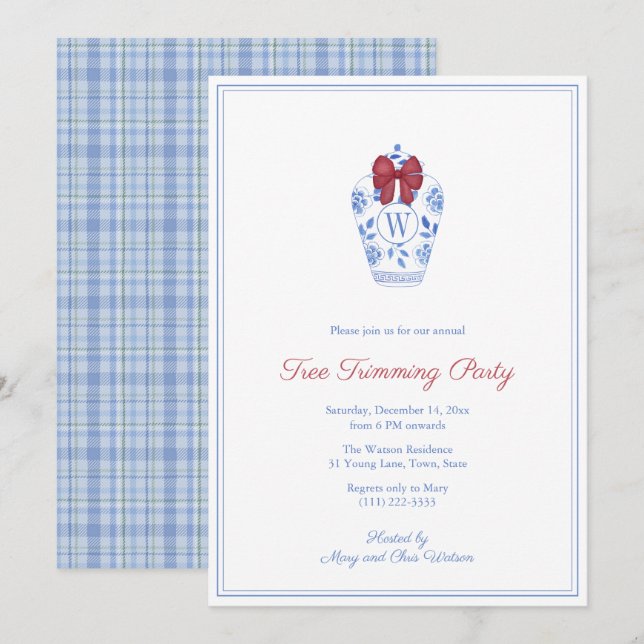 Elegant Monogram Träd Trimming jul Party Inbjudningar (Fram/baksida)