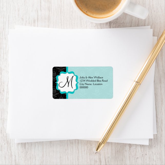 Elegant Monogram Turcos Damask Adressetikett (Insitu)