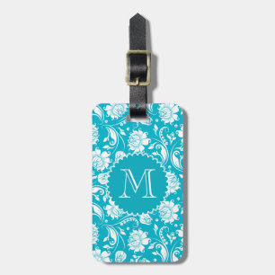 Elegant Monogram Turcos & White Blommigt Damask Bagagebricka