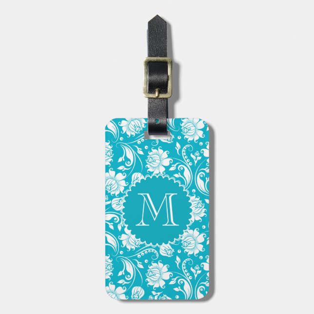 Elegant Monogram Turcos & White Blommigt Damask Bagagebricka (Vertikal Framsida)
