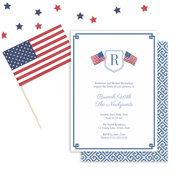 Elegant Monogram USA flagga Newlyweds Brunch Bröll Inbjudningar (Elegant Monogram Brunch With The Newlyweds Wedding Invitation in red white and blue for labor day)