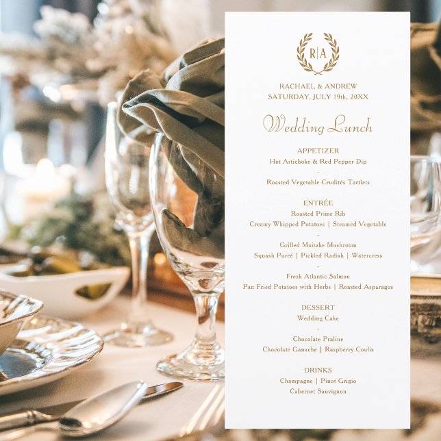 Elegant Monogram Utandning Guld Vita Bröllop Meny (Skapare uppladdad)