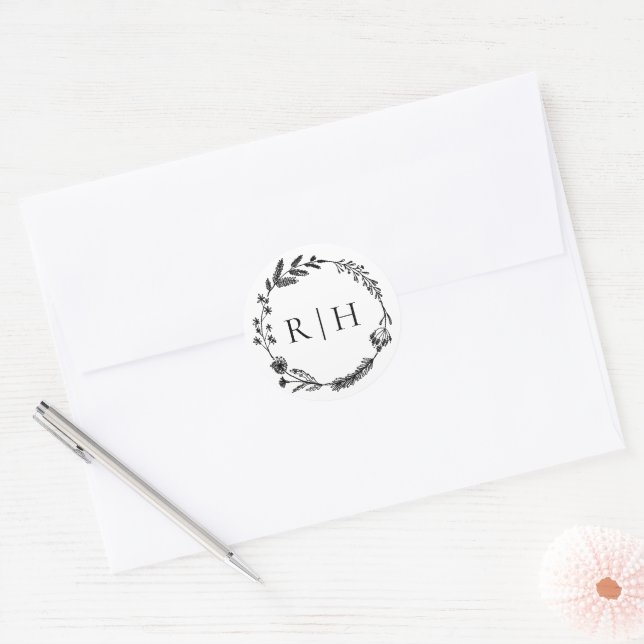 Elegant Monogram | Utandning i Bröllop Runt Klistermärke (Kuvert)