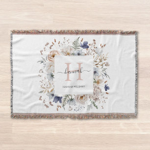 Elegant Monogram Vacker Beige Blå Blommor Blommig Filt