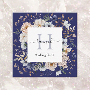 Elegant Monogram Vacker Beige Blå Blommor Blommig Fyrkantigt Visitkort