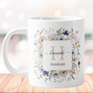 Elegant Monogram Vacker Beige Blå Blommor Blommig Jumbo Mugg