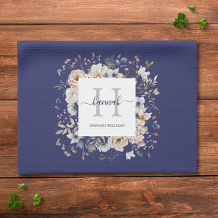 Elegant Monogram Vacker Beige Blå Blommor Blommig Kökshandduk