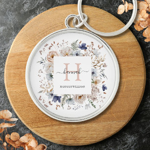 Elegant Monogram Vacker Beige Blå Blommor Blommig Rund Silverfärgad Nyckelring