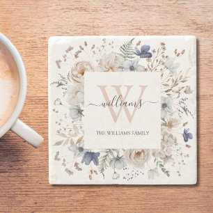 Elegant Monogram Vacker Beige Blå Blommor Blommig Stenunderlägg
