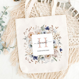 Elegant Monogram Vacker Beige Blå Blommor Blommig Tygkasse