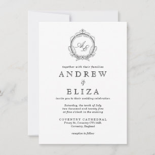 Elegant Monogram Vapensköld Black and White Bröllo Inbjudningar