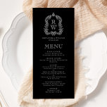 Elegant Monogram Vapensköld Black and White Bröllo Meny<br><div class="desc">Den här vintage-inspirerade bröllop-menydesignen har ett par vitt mongram initialer i ett öppet serif-teckensnitt ovanför och under en skiljelinje och omges av en botanisk vapensköld på en svart bakgrund. Kortets baksida är starkt svart.</div>