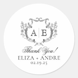 Elegant Monogram Vapensköld Black and White Bröllo Runt Klistermärke