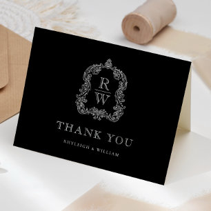 Elegant Monogram Vapensköld Black and White Bröllo Tack Kort