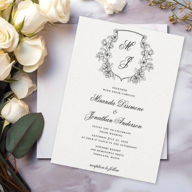 Elegant Monogram Vapensköld Black White Bröllop Inbjudningar (Skapare uppladdad)
