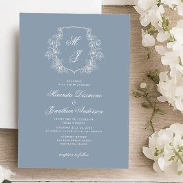 Elegant Monogram Vapensköld Dusty Blue Bröllop Inbjudningar