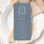 Elegant Monogram Vapensköld Dusty Blue Bröllop Meny<br><div class="desc">Den här vintage-inspirerade bröllop-menydesignen har ett par vitt mongram initialer i ett öppet serif-teckensnitt ovanför och under en skiljelinje och omges av en botanisk vapensköld på en dammig blå bakgrund. Kortets baksida är starkt dammigt blå.</div>
