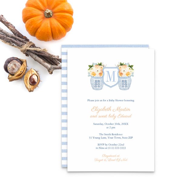 Elegant Monogram Vapensköld - fallskärm för babykl Inbjudningar (Fall Floral Monogram Baby Boy Shower Invitation)