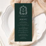 Elegant Monogram Vapensköld Forest Grönt Bröllop Meny<br><div class="desc">Den här vintage-inspirerade bröllop-menydesignen har ett par vitt mongram initialer i ett öppet serif-teckensnitt ovanför och under en skiljelinje och omges av en botanisk vapensköld för konturteckningar på en grönt för mörk. Kortets baksida är en solid grönt i skogen.</div>