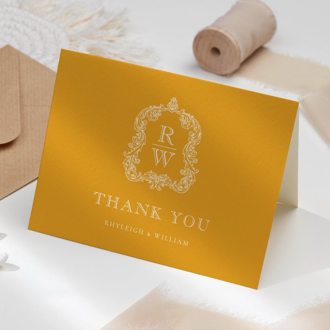 Elegant Monogram Vapensköld Marigold Gult Bröllop Tack Kort (Skapare uppladdad)