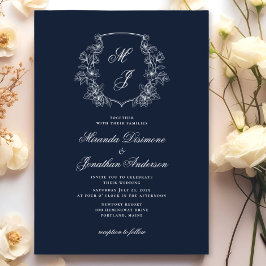 Elegant Monogram Vapensköld Navy Blue Bröllop Inbjudningar