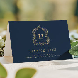 Elegant Monogram Vapensköld Navy Blue Guld Student Tack Kort