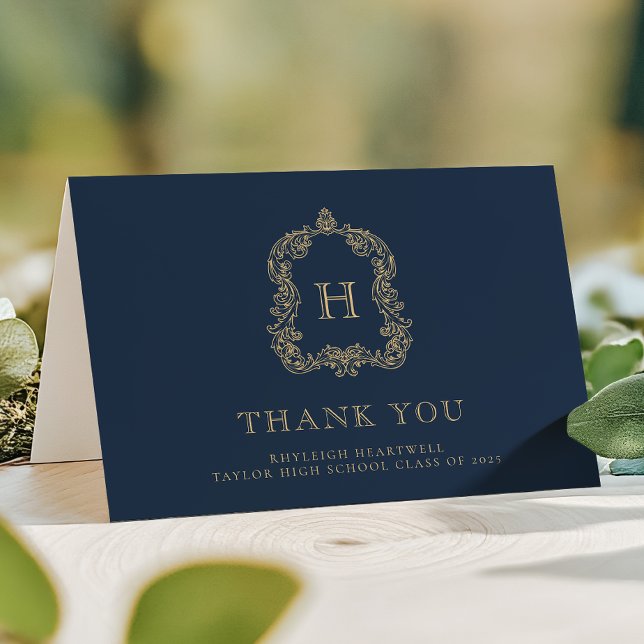 Elegant Monogram Vapensköld Navy Blue Guld Student Tack Kort (Skapare uppladdad)