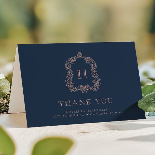 Elegant Monogram Vapensköld Navy Blue Ro Studenten Tack Kort (Skapare uppladdad)