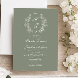 Elegant Monogram Vapensköld Sage Grönt Bröllop Inbjudningar