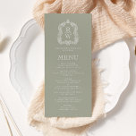 Elegant Monogram Vapensköld Sage Grönt Bröllop Meny<br><div class="desc">Den här vintage-inspirerade bröllop-menydesignen har ett par vitt mongram initialer i ett öppet serif-teckensnitt ovanför och under en skiljelinje och omges av en botanisk vapensköld av en elegant på en bakgrund av en sage grönt. Kortets baksida är en solid sage grönt.</div>