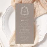 Elegant Monogram Vapensköld Taupe Bröllop Meny<br><div class="desc">Den här vintage-inspirerade bröllop-menydesignen har ett par vitt mongram initialer i ett öppet serif-teckensnitt ovanför och under en skiljelinje och omges av en botanisk vapensköld av en konturteckning på en taupbakgrund. Kortets baksida är en solid taupe.</div>