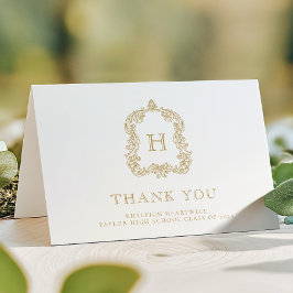 Elegant Monogram Vapensköld Vita Guld Studenten Tack Kort