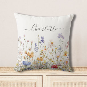 Elegant Monogram Vattenfärg Färgrik Vildblomma Kudde