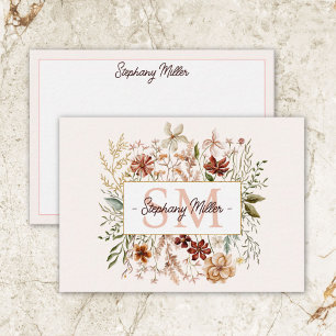 Elegant Monogram Vattenfärg Höst Vildblomma Blommi Anteckningskort