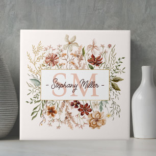 Elegant Monogram Vattenfärg Höst Vildblomma Blommi Kakelplatta