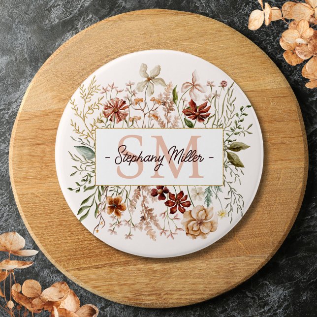 Elegant Monogram Vattenfärg Höst Vildblomma Blommi Knapp (In situ)