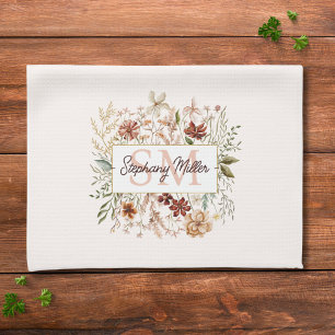 Elegant Monogram Vattenfärg Höst Vildblomma Blommi Kökshandduk