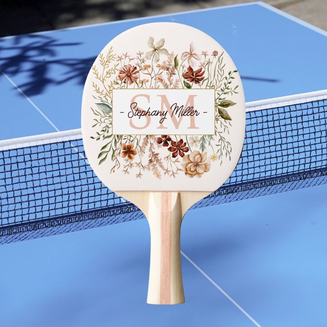 Elegant Monogram Vattenfärg Höst Vildblomma Blommi Pingisracket (In situ)